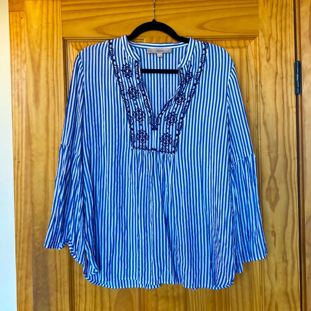 Loft. Blue striped blouse with bell sleeves. Great condition